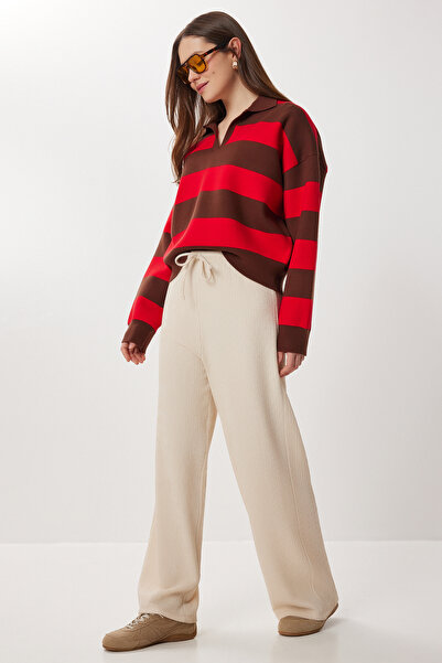 Lovelyİstanbul Wide Leg Crinkle Knitted Trousers Lci0057 Cream