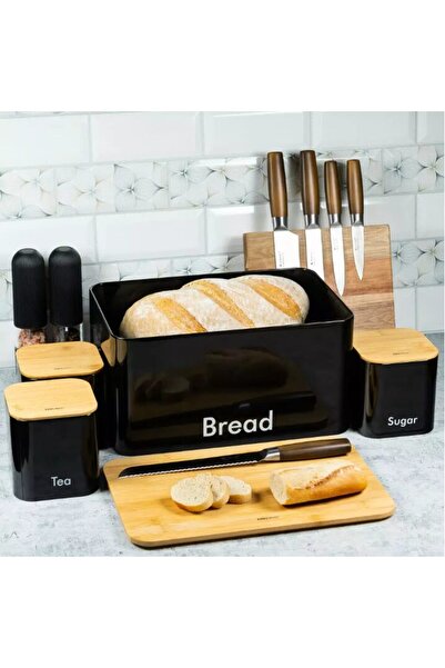Kinghoff Set cutie paine si recipiente pentru zahar, cafea, ceai, oțel-bambus, negru,