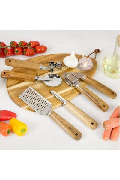 KASSEL Σετ 5 σκευών κουζίνας, από ανοξείδωτο ατσάλι και ξύλο,