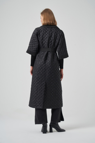 Nuss Belt and Detachable Knitted Sleeve Detail Cap Jacket 6014 Black