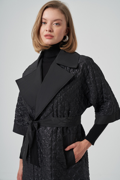 Nuss Belt and Detachable Knitted Sleeve Detail Cap Jacket 6014 Black