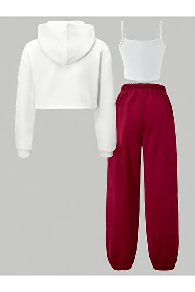 Keywest Children's Bow Printed 3-Piece Winter Long Sleeve Hooded Crop - Strap Crop - Tracksuit