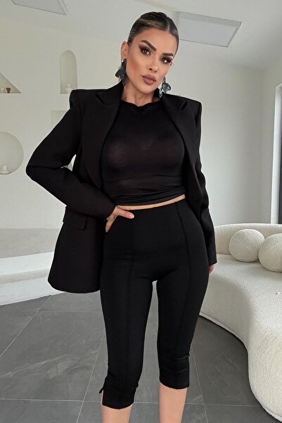 Eswomes شق كابري ليغينز مخيط من الأمام باللون الأسود