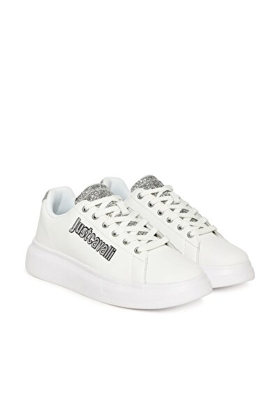 Just Cavalli Women's Fondo Ursa Dis. 1 Glitter Thick Sole Sneaker with Embroidered Lettering Logo - White