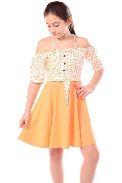 Toontoy Kız Çocuk Regular Fit Carmen Yaka Kısa Kollu Askılı Elbise - Renk Bloklu