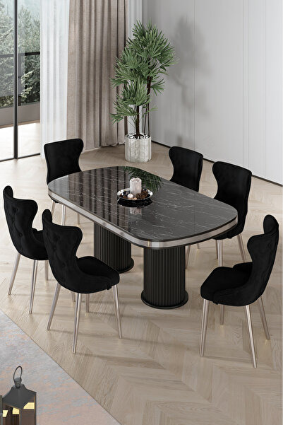 Canisa Galya Serisi Lak Panel 90x168 Sabit Sonata Mutfak Masa Takımı 6 Siyah ...