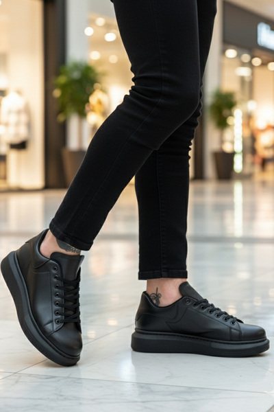 LUXEON Ανδρικά μαύρα αθλητικά παπούτσια με κορδόνια από συνθετικό δέρμα με ψηλή χοντρή σόλα Άνετα και κομψά αθλητικά παπούτσια