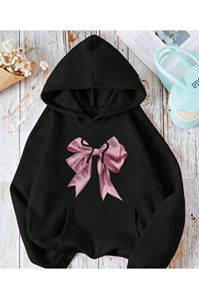 caddekombin Pink Ribbon Printed Black Hooded Sweatshirt