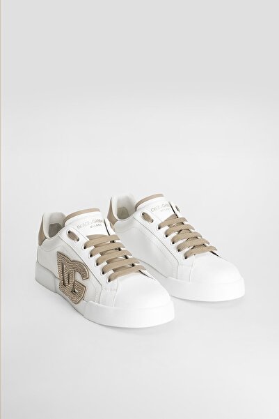 Dolce&Gabbana Women's Stone Embroidered Applique Logo Leather Sneakers - White/Mink