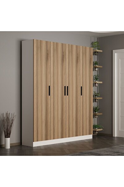 Minar Kale 210 Cm 4 Kapaklı 2B Raf Portmanto Beyaz Dore