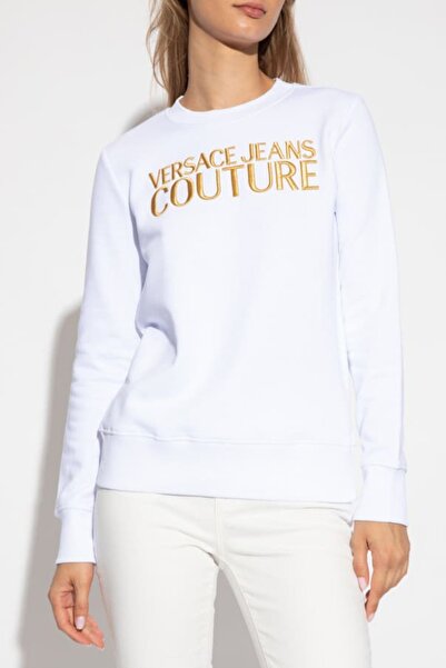 Versace Women's Felpe Serigrafiche Embroidered Logo Sweatshirt - White/Gold
