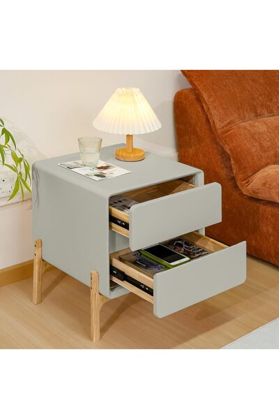 XINYUEMAIC Modern minimalist bedside table, solid wood edge table with 2 drawers, leather storage cabinet