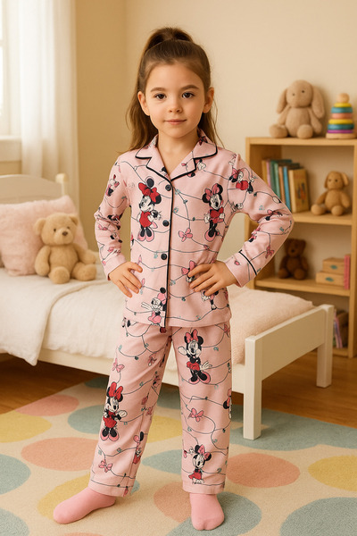 minikiss Kıl Piped Printed Girl's Nightgown, Pajama Set