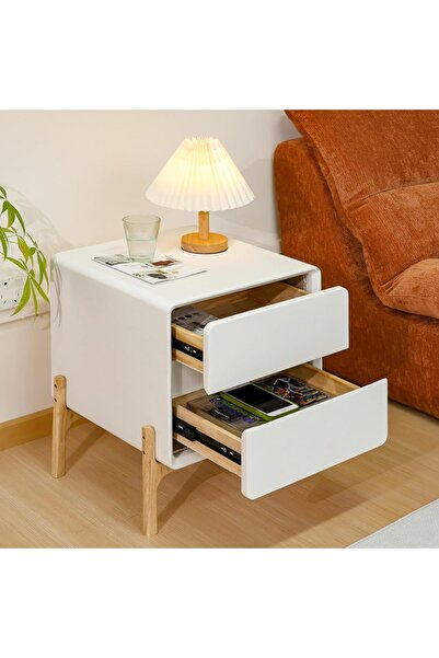 XINYUEMAIC Modern minimalist bedside table, solid wood edge table with 2 drawers, leather storage cabinet