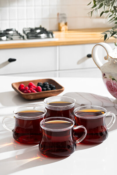 Porsima Borosilikat Isıya Ateşe Dayanıklı Cam Kulplu 4lü Çay Bardağı Kahve Bardak Seti Kupa Şeffaf 250ml