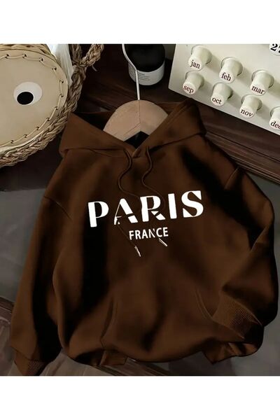 herkesemoda Paris Printed Hooded Brown Sweatshirt