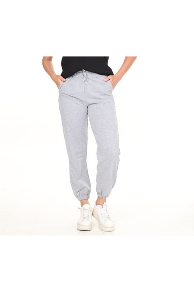 HEDEF DAİSY Women's Elastic Waist, Lace-Up Front, Elasticated Cuffs, Two-Thread Gray Sweatpants.