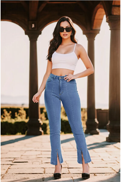 SHEVEGA Blue Leg Slit Stretch Fabric Flared Slim Jean