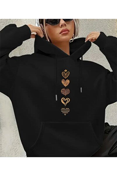 caddekombin Thick Hearts Printed Black Hooded Sweatshirt