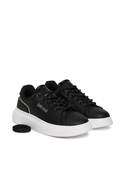 Just Cavalli Female Ursa Dis. Sb1 Thick Sole Sneaker with Glitter Stripe Lettering Logo - Black