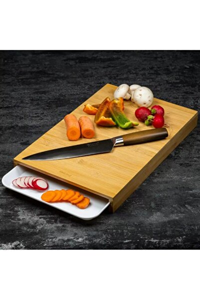 Kinghoff Manual bamboo chopper with edges and plastic storage tray, rectangular, 38x25x4 cm