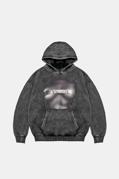 Sekizbiraltı هودي سيلويت نودز مطبوع قصة فضفاضة للجنسين باللون الأسود قابل للغسل