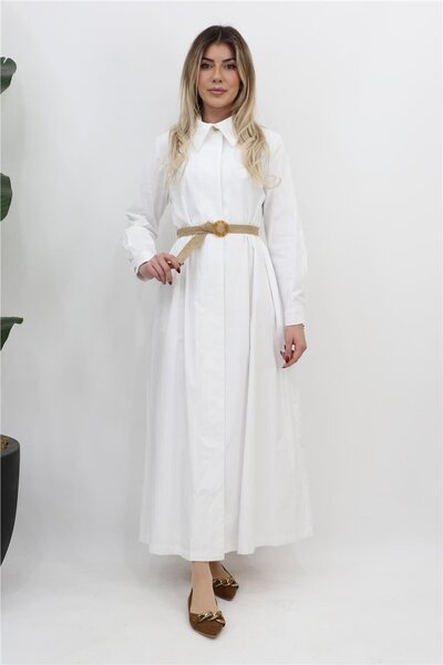 Kayra Hasır Kemer Detaylı Pamuklu Elbise - Optik Beyaz