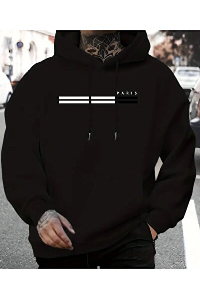 herkesemoda Μαύρο φούτερ με κουκούλα Cizgi Paris με τύπωμα