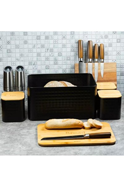 Klausberg Set of bread boxes, made of steel and bamboo, and 3 kitchen containers, black,