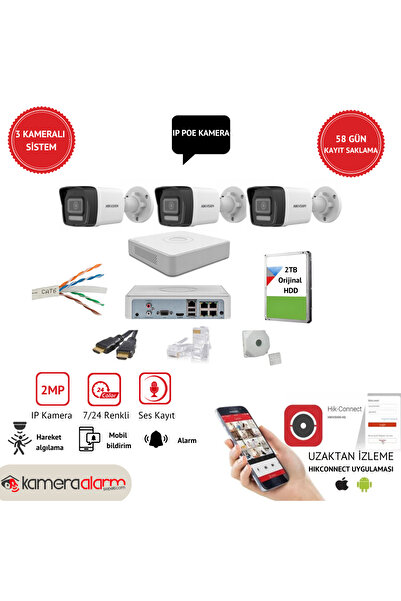 kamera alarm sepeti HIKVISION 3 Kameralı, IP Güvenlik Kamera Sistemi – Gece G...
