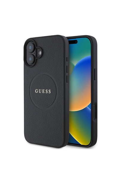 Guess Carcasă pentru iPhone 16 Plus, model Saffiano Iridescent Script, Negru