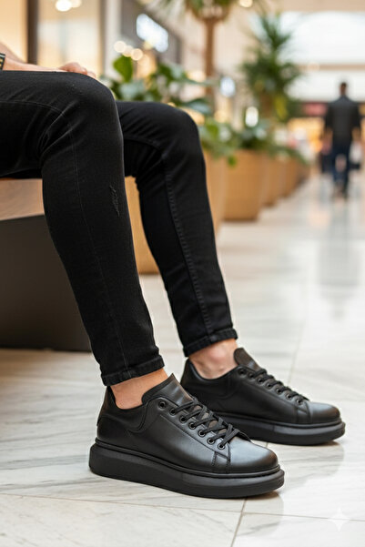 LUXEON Ανδρικά μαύρα αθλητικά παπούτσια με κορδόνια από συνθετικό δέρμα με ψηλή χοντρή σόλα Άνετα και κομψά αθλητικά παπούτσια