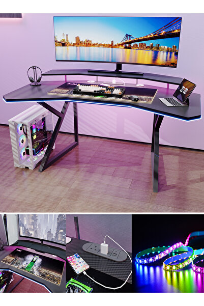 AnneFish 160cm Wing-Shaped Gaming Computer Desk with Power Outlet and Smart LED Light and Monitor Stand