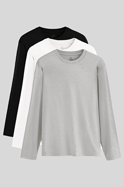 TOMMY LIFE Standard Fit Basic O Neck 3 Pack Black-White-Grey Melange Men's T-Shirt - 87997