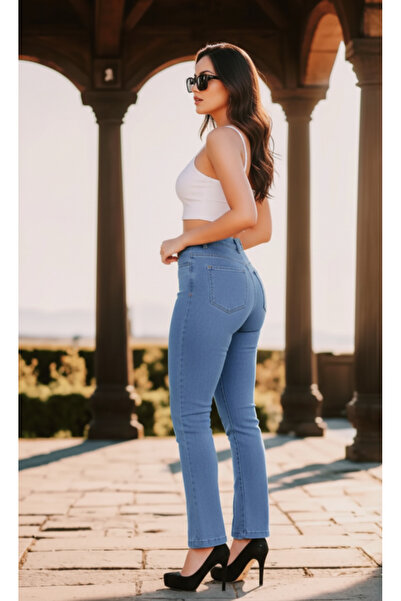 SHEVEGA Blue Leg Slit Stretch Fabric Flared Slim Jean