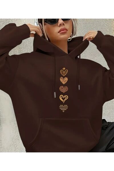 herkesemoda Thick Hearts Printed Coffee Hoodie Sweatshirt