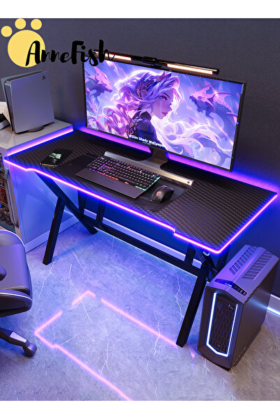 AnneFish Gaming Desk With Smart Bluetooth Led Strip Music Sync Corner Computer Desk Carbon Fiber Table