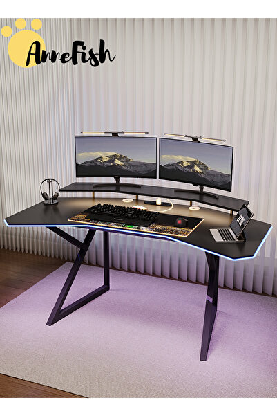 AnneFish 160cm Wing-Shaped Gaming Computer Desk with Power Outlet and Smart LED Light and Monitor Stand
