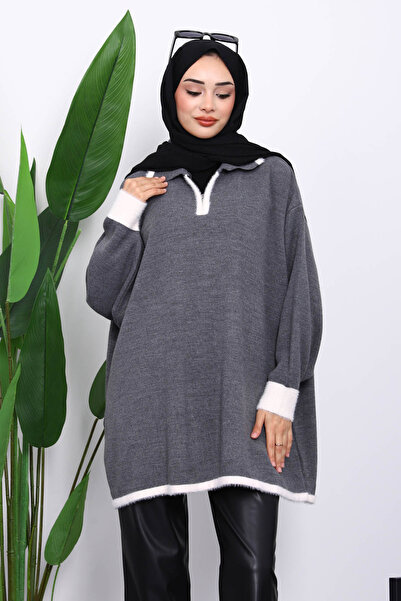 İmajButik Smoked Shirt Collar Zippered Knitwear Tunic