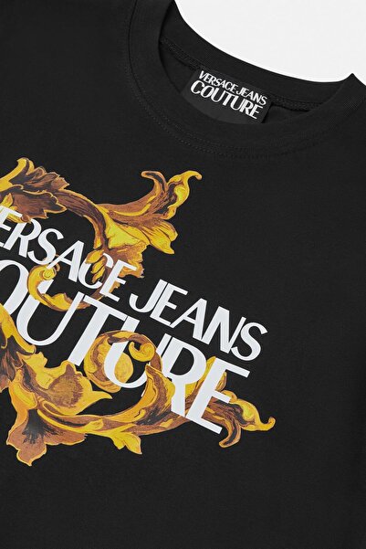 Versace Women's Regular Fit Baroque Patterned Letter Logo T-Shirt - Black/Gold Yellow
