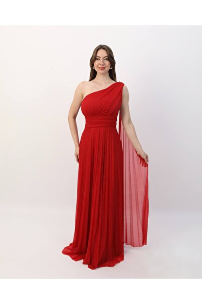 NONCONCEPTMODA Tek Omuzlu Pliseli Simli Tül Elbise