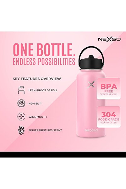NEXSO 1L Pink Insulated Stainless Steel Water Bottle | Double Wall Thermos with 3 Leak-Proof Lids
