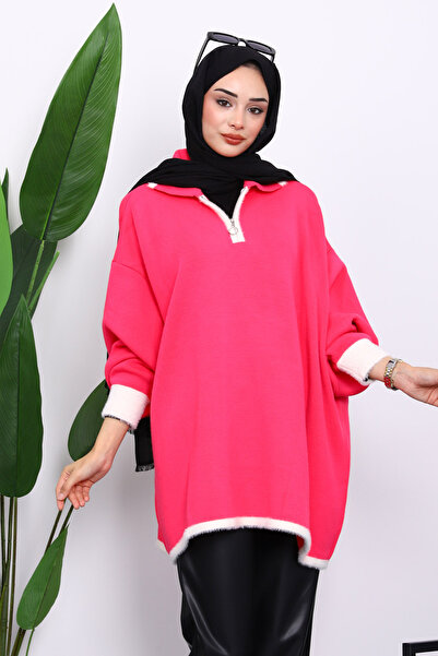 İmajButik Fuchsia Shirt Collar Zippered Knitwear Tunic