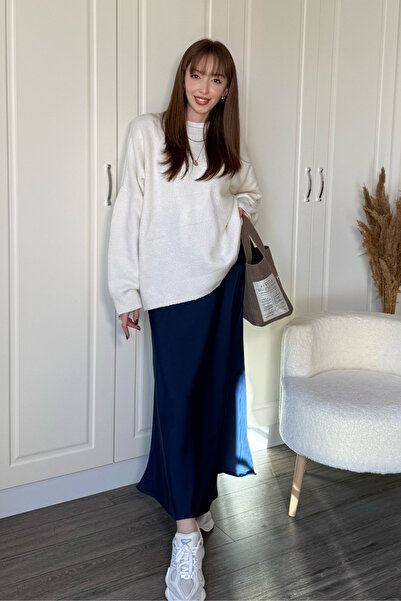 Dilay Gökoğlu Butik Satin Stylish Midi Navy Blue Skirt