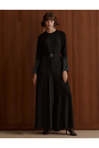 Kayra Jumpsuit with Embroidered Sleeves and Belt-Black