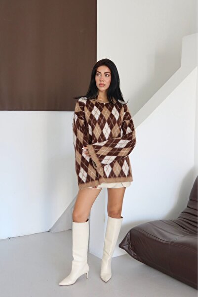 aytenli Zero-Neckline Diamond-Patterned Standard Size Suitable for Sizes S to 2XL, Soft and Medium-Length Draped Sweater with a Beard-Like Texture.