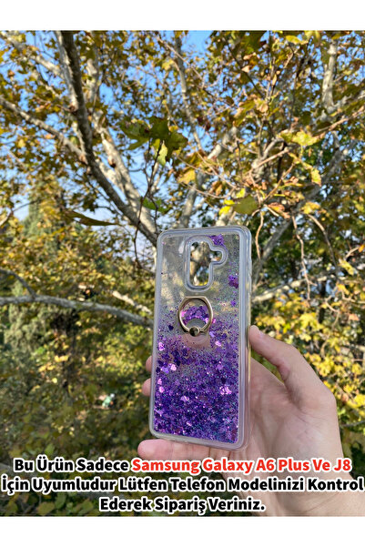 GtTech Samsung Galaxy A6 Plus Ve J8 Uyumlu Sulu Simli Yüzüklü Standlı Parlak Silikon Kılıf Mor