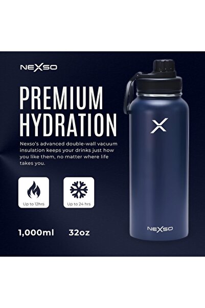 NEXSO 1L Blue Insulated Stainless Steel Water Bottle | Double Wall Thermos with 3 Leak-Proof Lids