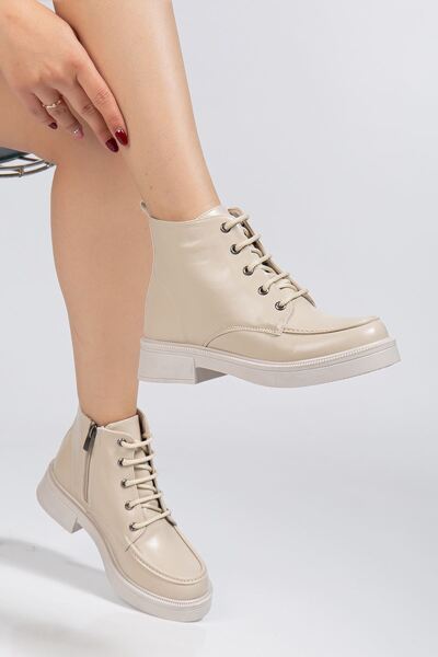 infon shoes creation 02-2001 Beige Wrinkled Patent Leather Lace-Up Zippered Casual Women's Boots