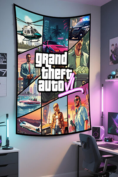 RUGRUMBA GTA Baskılı Duvar Örtüsü – Gamer Temalı, Kaliteli Kumaş, Tapestry Du...